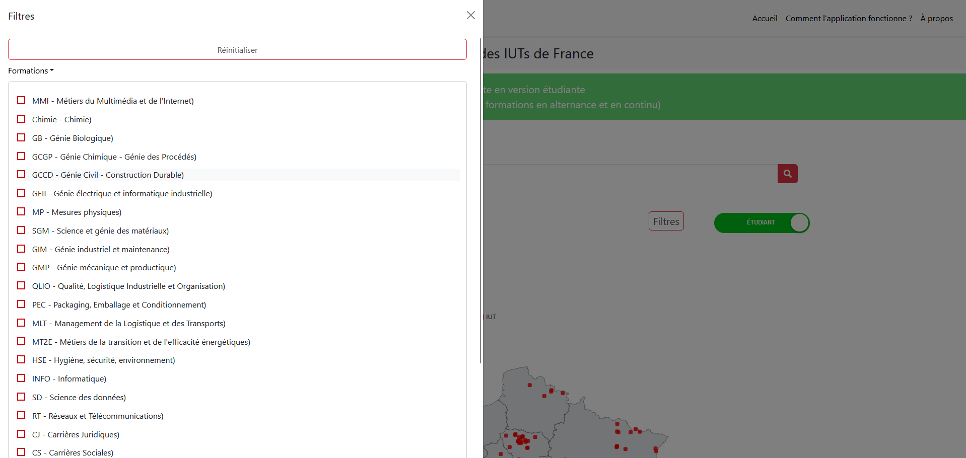 Fenêtre des filtres à cocher (filtre "Etudiant", en vert)