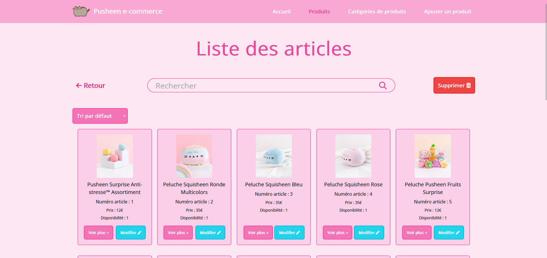 Page des articles avec la recherche, modification et suppression d'articles