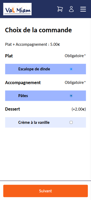 Page du choix du menu